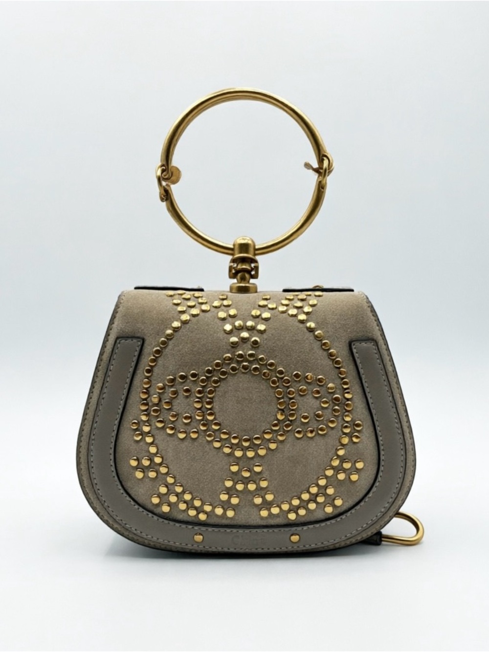 Chloe Taupe Suede Mini Saddle Bag with Gold Ring Handle